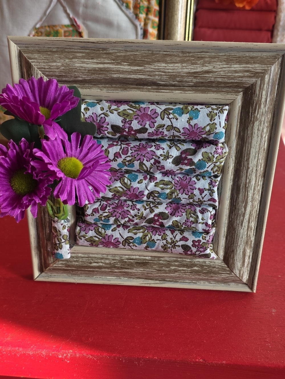 Floral Fabric Framed Ring Holder with Purple Blooms